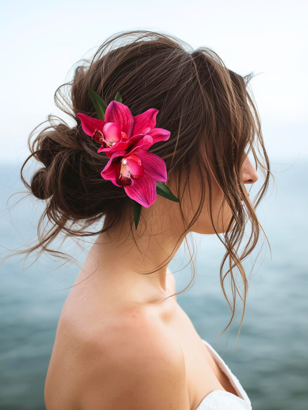 Silk Double Fuchsia Orchid Hair clip with hand wired Swarovski